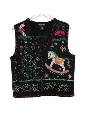 Hampshire Studio Ugly Christmas Sweater Vest Womens Size Medium Black Beaded